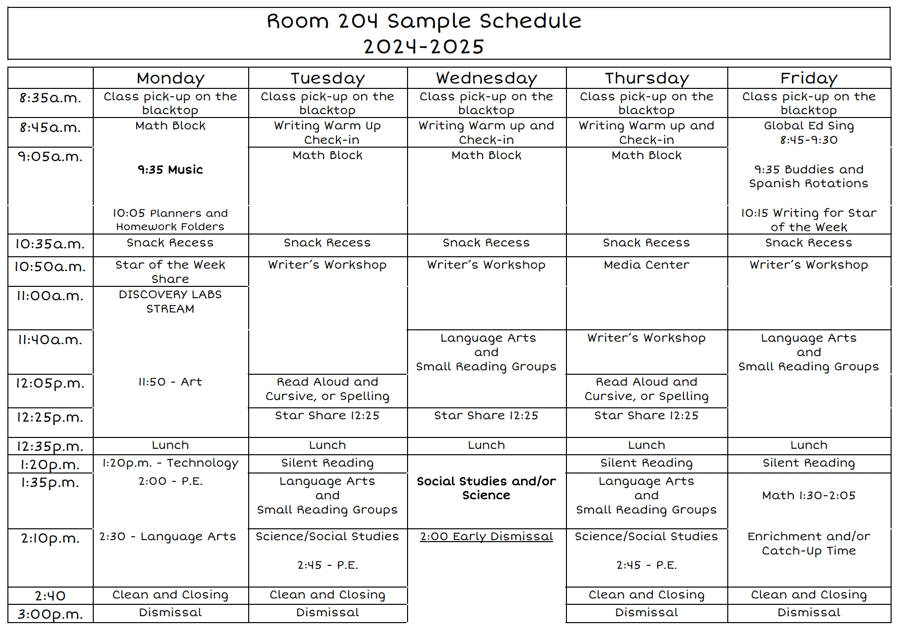 Room 204 Weekly Schedule